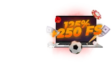 An image of Mostbet's welcome bonus displaying 125% + 250 FS. The picture features a laptop, a football, and gaming chips, symbolizing sports and gambling activities.