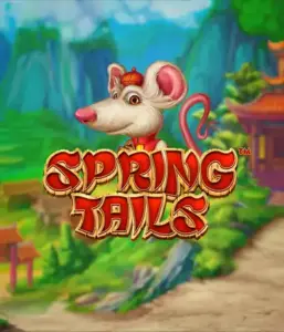 A whimsical illustration of a mouse dressed in traditional Chinese attire positioned in front of a scenic mountain backdrop. The image is for the Spring Tails Slot by Betsoft, showcased with bold red and gold logo text.